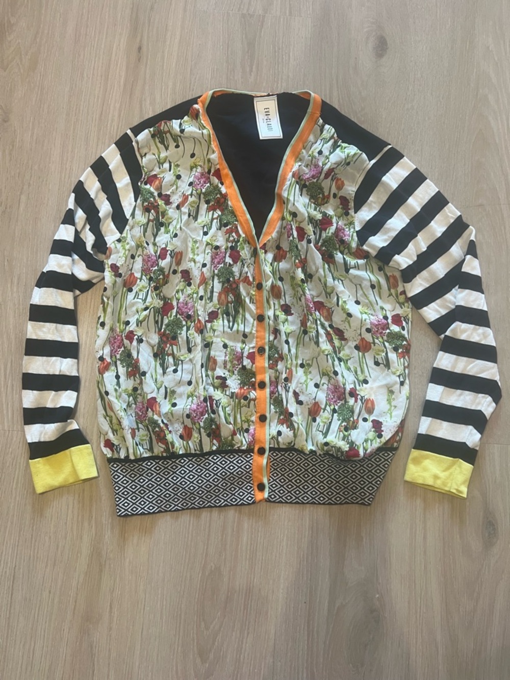 Eva & Claudi floral and striped button-down silk and cotton cardigan Sz XL